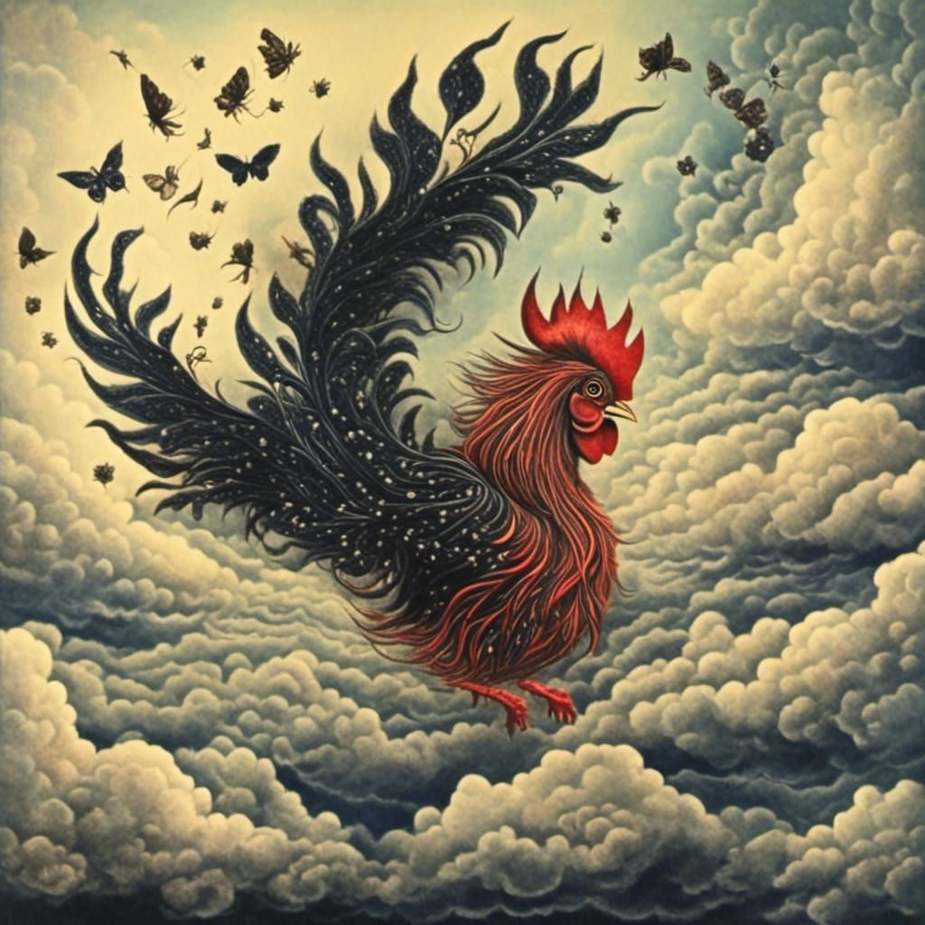 Rooster Flying Among Clouds in Noir Style