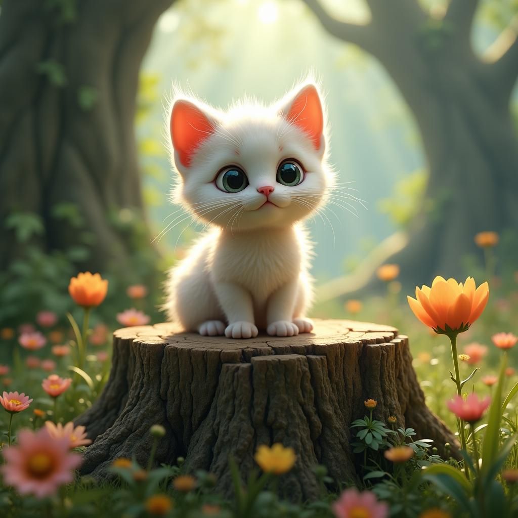 Fluffy Kitten on Mystical Stump, Fantasy Concept Art
