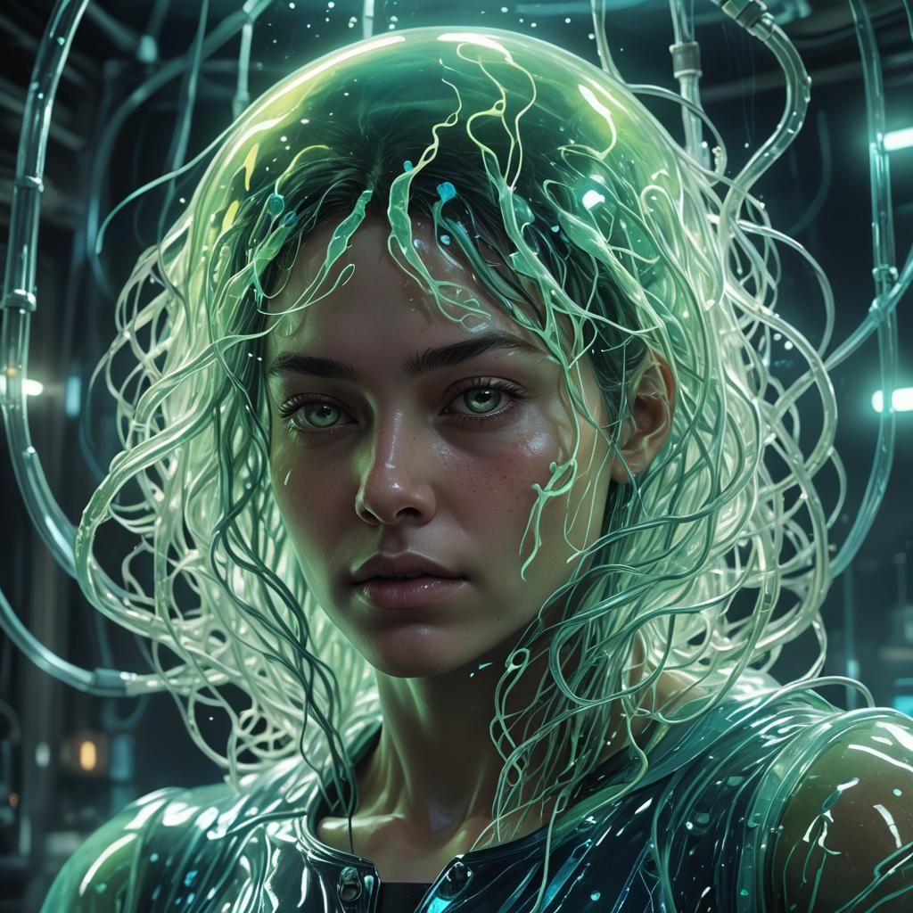 Bioluminescent Sci-Fi Blob in Laboratory Tank