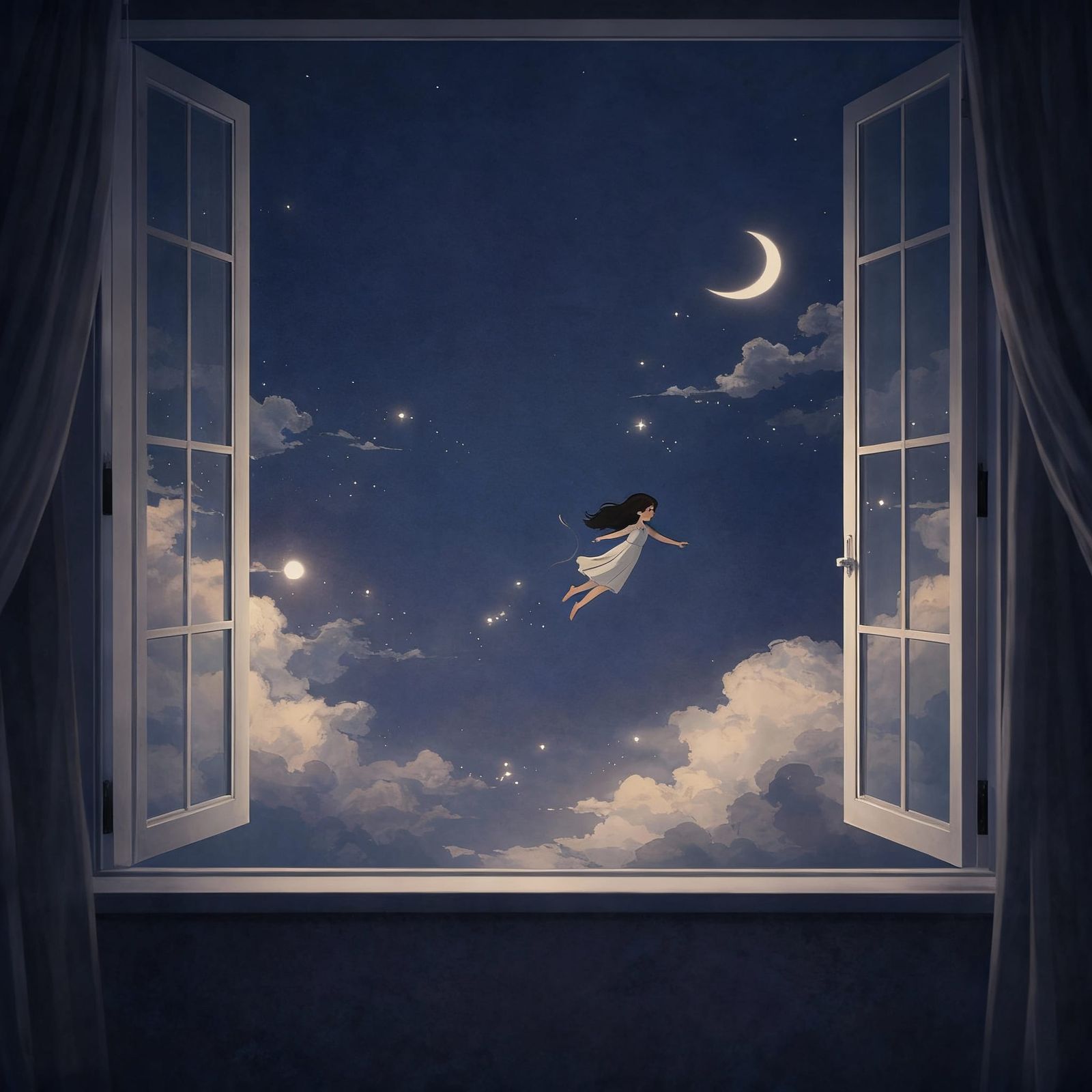 Woman Escaping Through Window into Open Sky