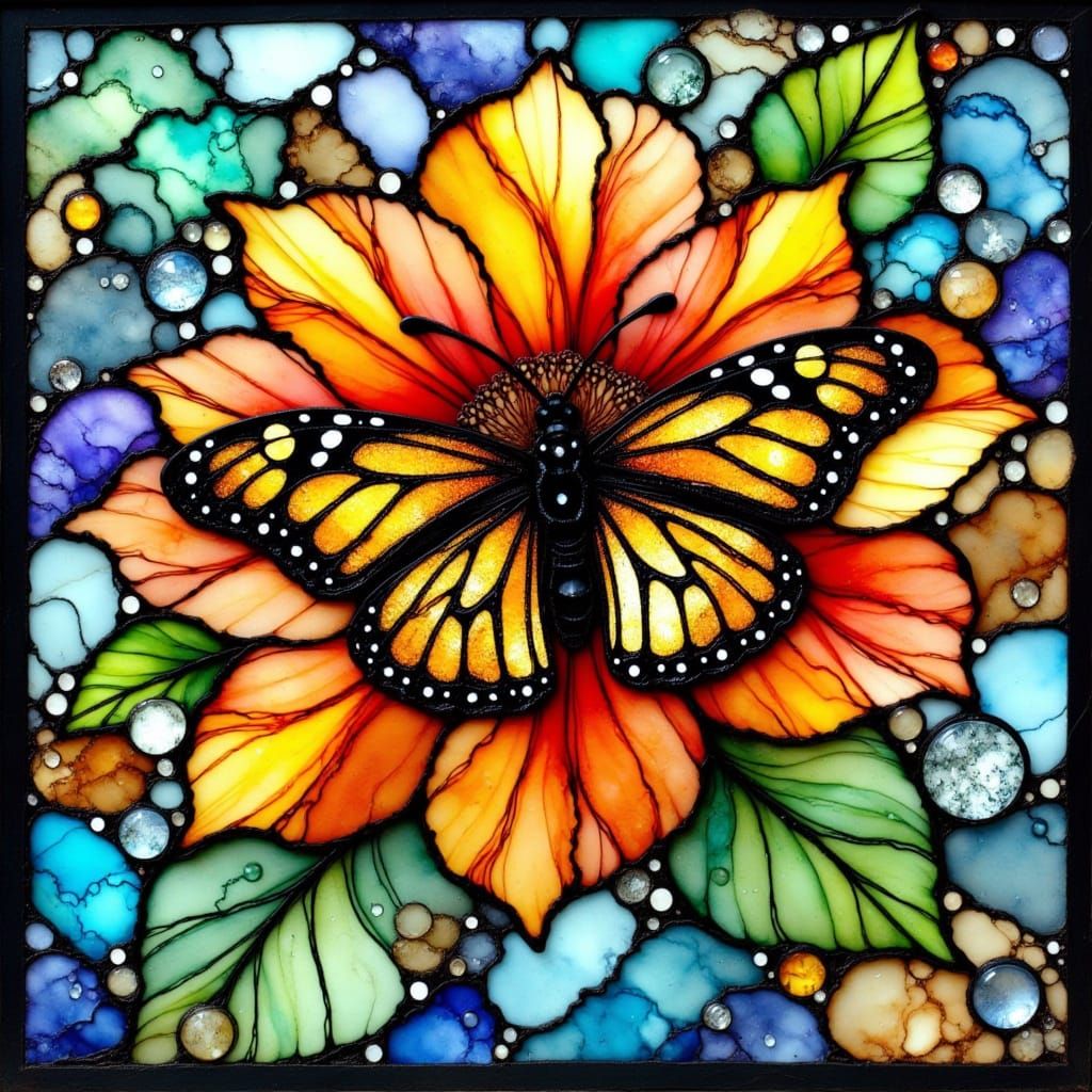 Vibrant Butterfly Amidst Glass Petals