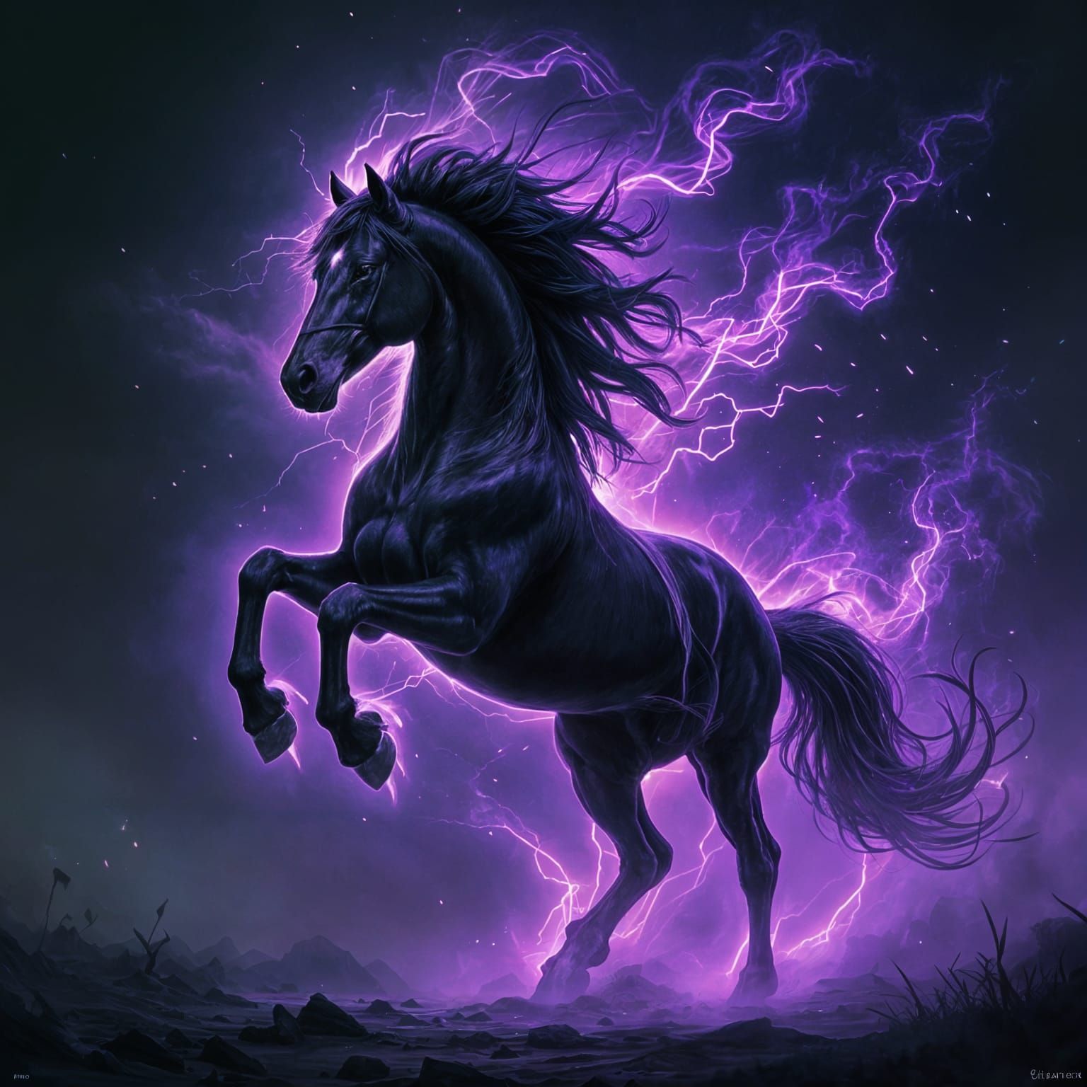 Mystical Black Horse Rearing with Green Flame Mane