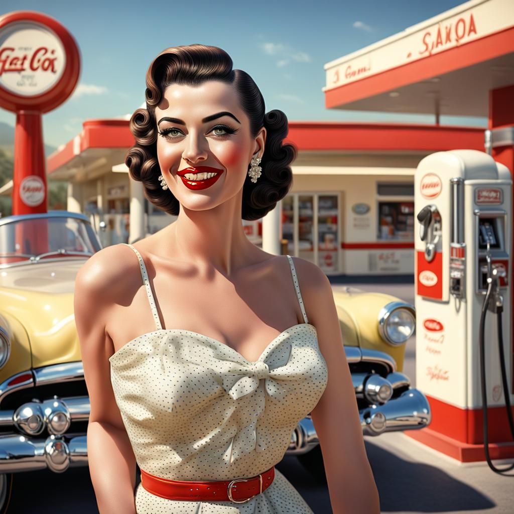 Vintage Pin-Up Girl at Gas Station in Photorealistic Style