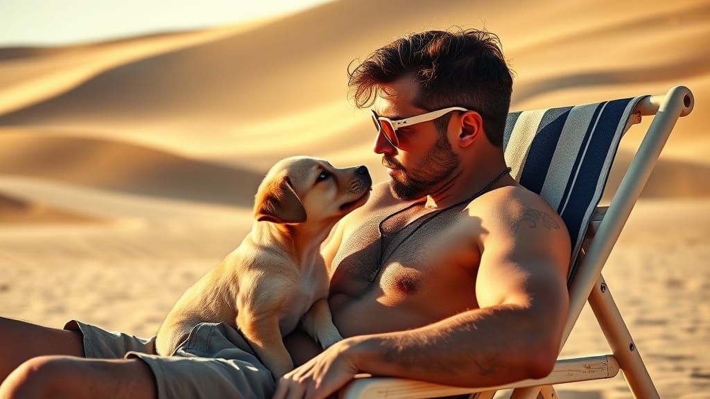 Man Sunbathing with Puppy in Desert Dunes