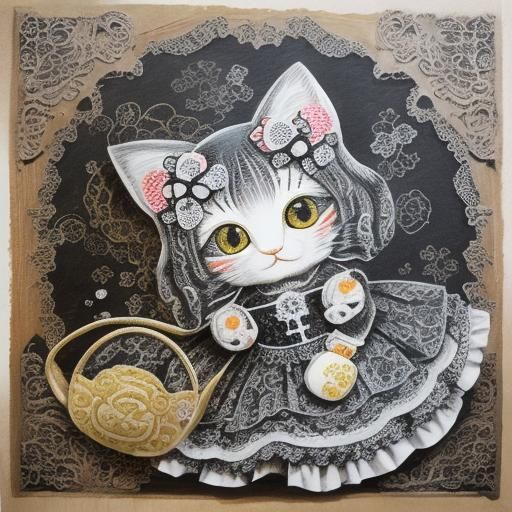 Hello Kitty as Rococo Maneki Neko, Impasto Style
