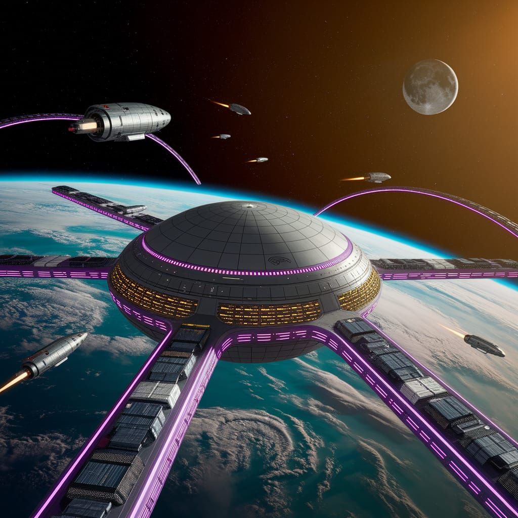 Cosmic Gateway: Futuristic Spaceport Soars Above Turquoise E...