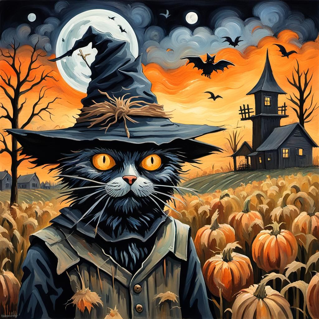 Scarecrow and Kitten in Impressionist Gouache Style