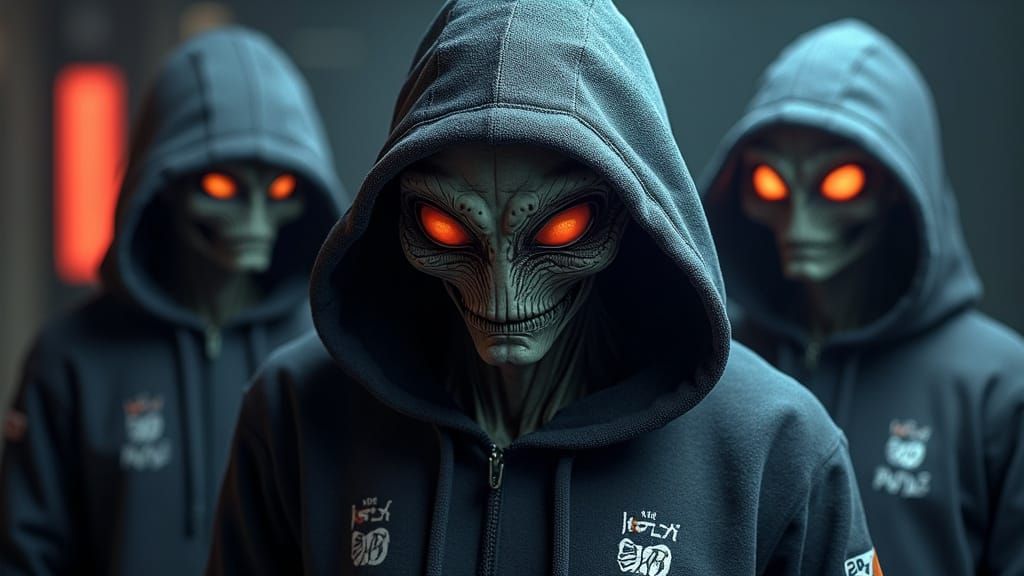 Futuristic Hoodies with Alien Faces in a Dark, Cinematic Bac...