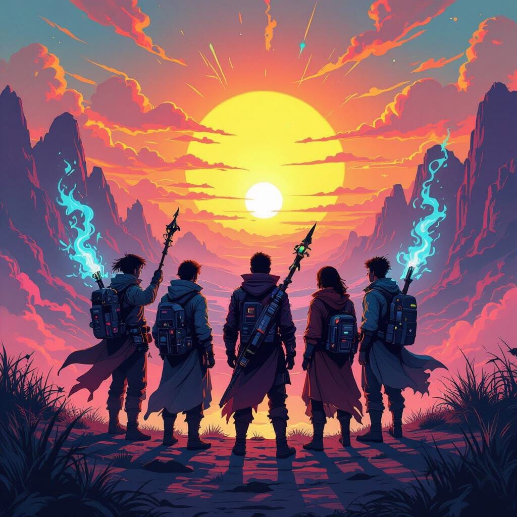 Mystical Group at Sunrise with Cyberpunk Elements