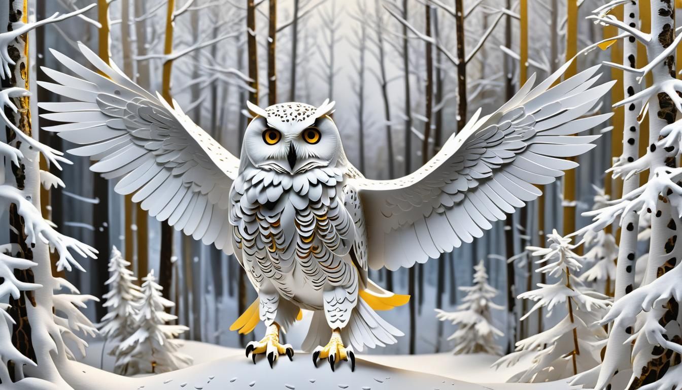 Kirigami Snowy Owl in White Forest