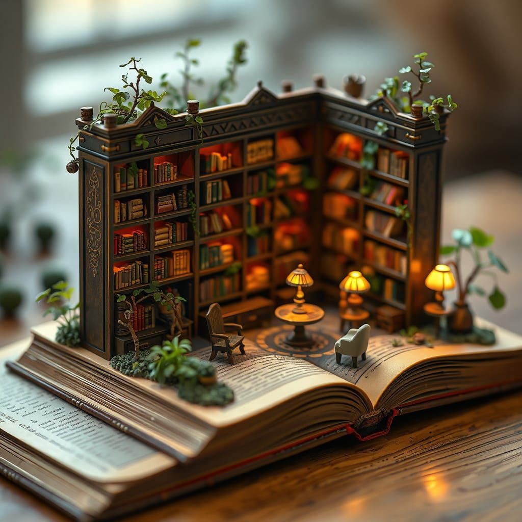 Charming Miniature Library Model on Open Book