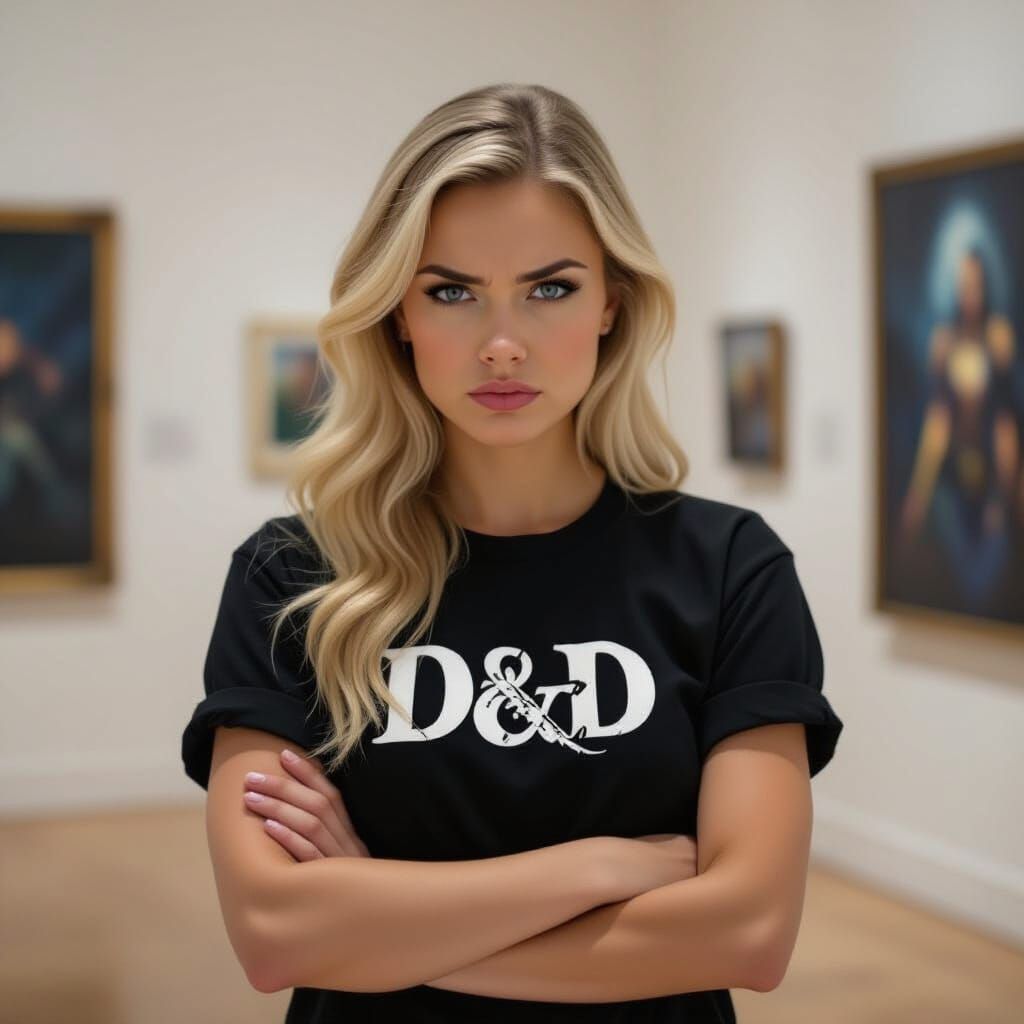 Grumpy Blond Woman in D&D Shirt at Art Gallery