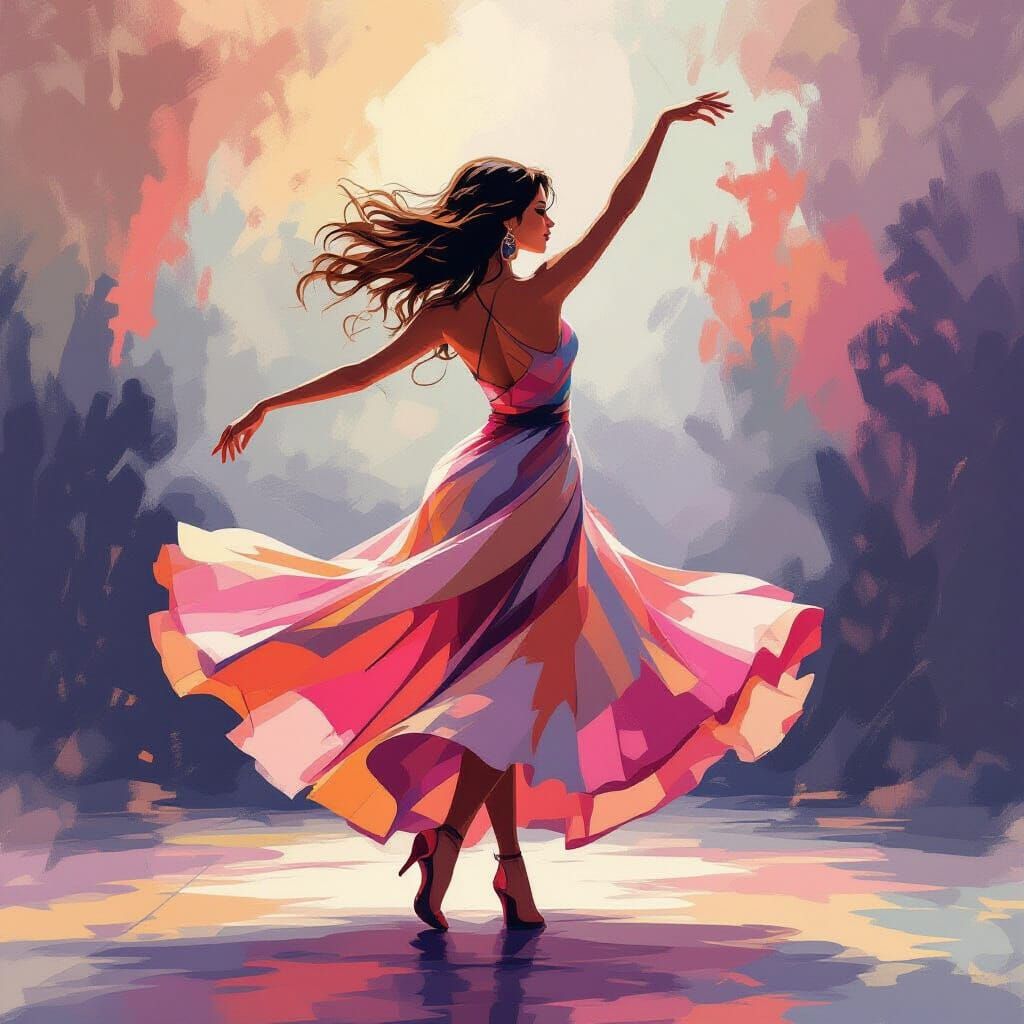Dancing Woman in Flowing Dress, Expressive Art