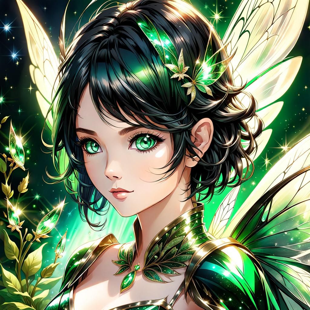 Anime Fairy Woman with Emerald Eyes and Wings