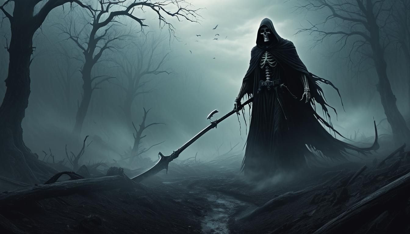 Grim Reaper in Dark Fantasy Landscape