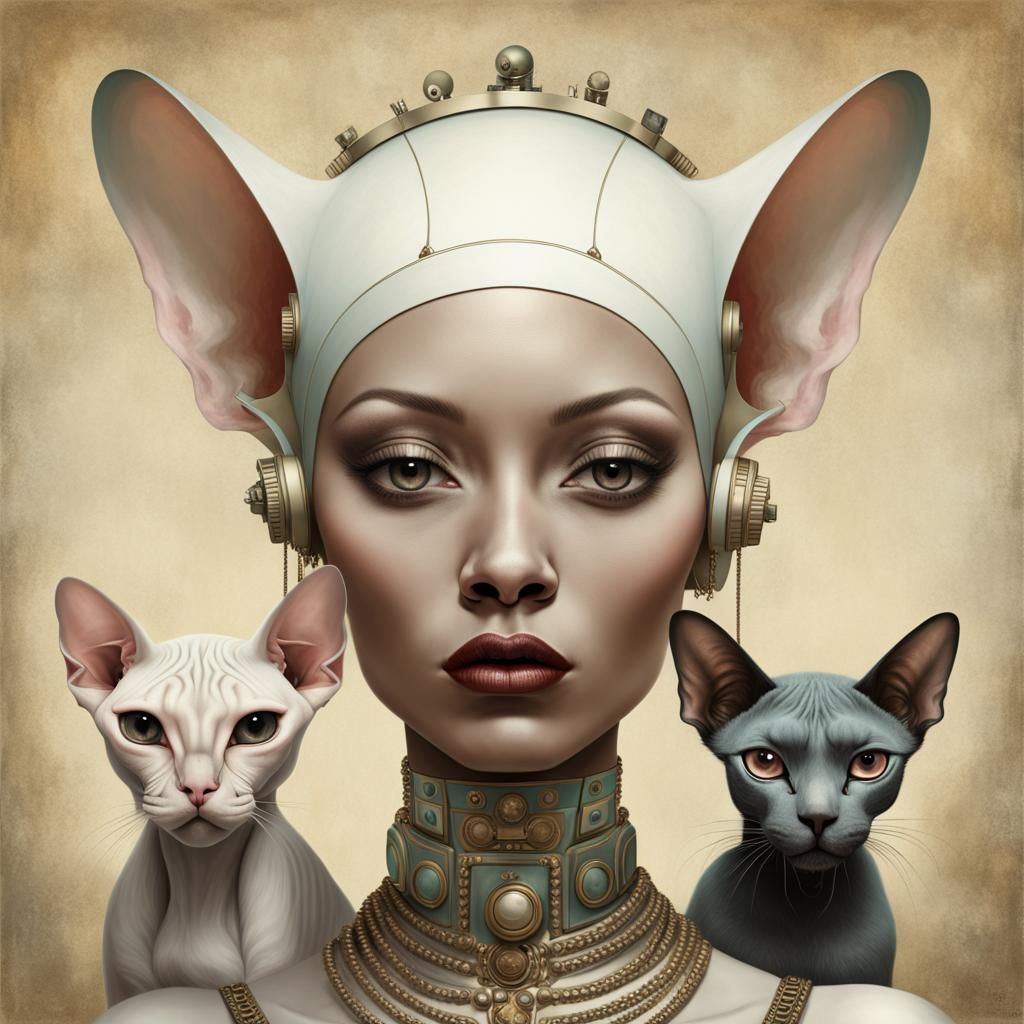 Surreal Woman and Cats Painting in Pop Surrealism Style