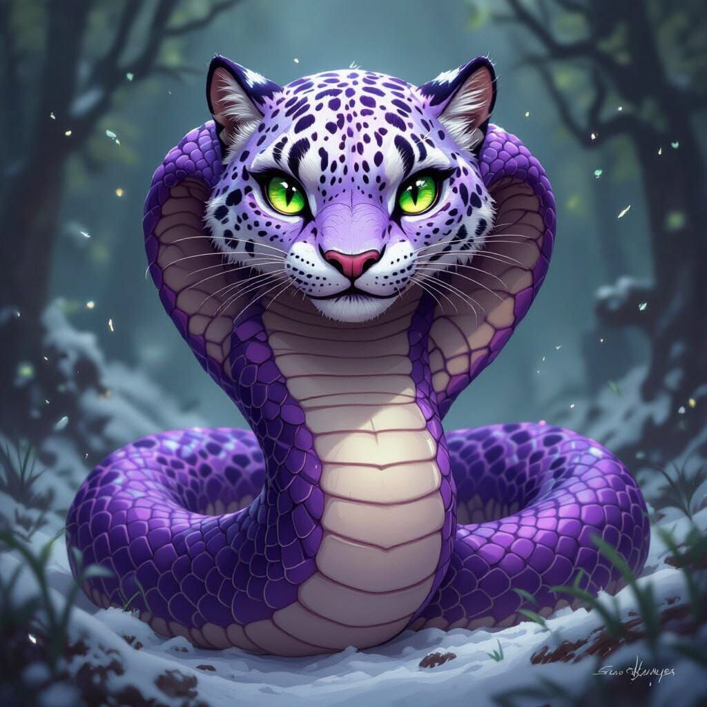 Purple Cobra with Snow Leopard Head in Fantastical Style