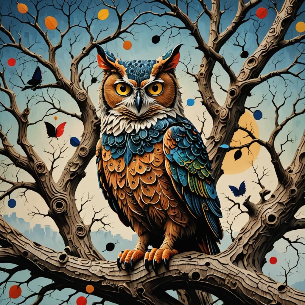 owl in a gnarly oak tree Joan Miro