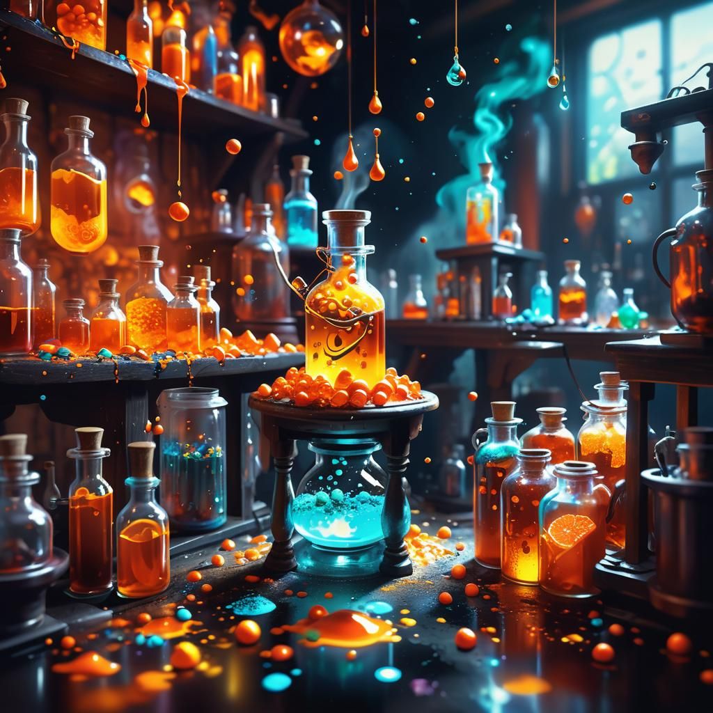 Orange Candy Explosion in Alchemy Lab, Hyperrealistic Concep...