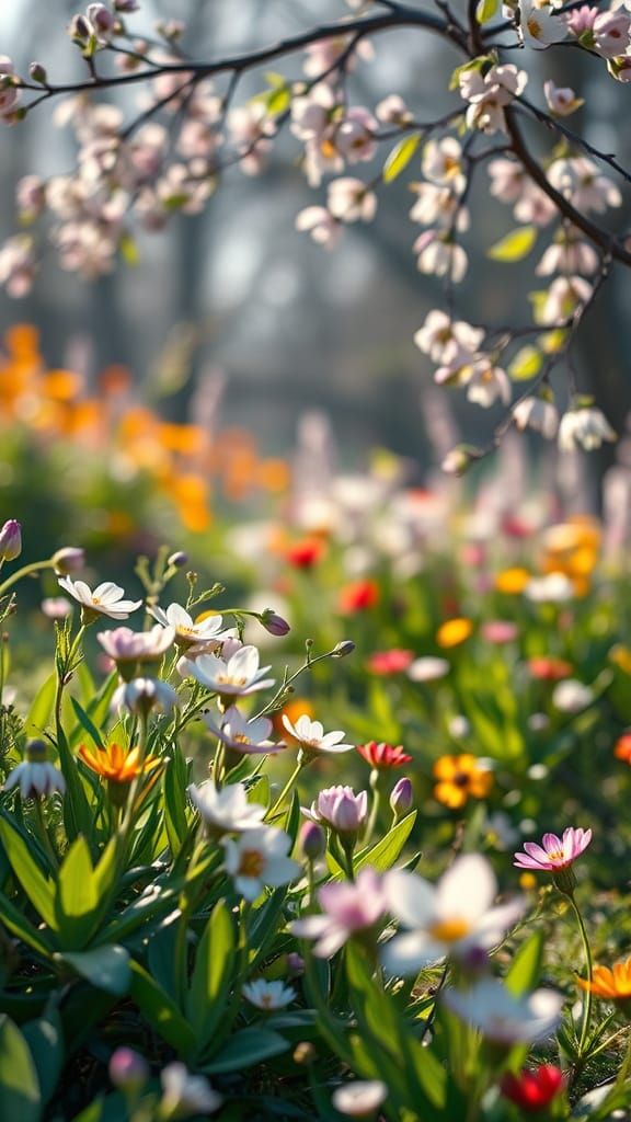 Constable-Inspired Spring Landscape with Delicate Blooms and...