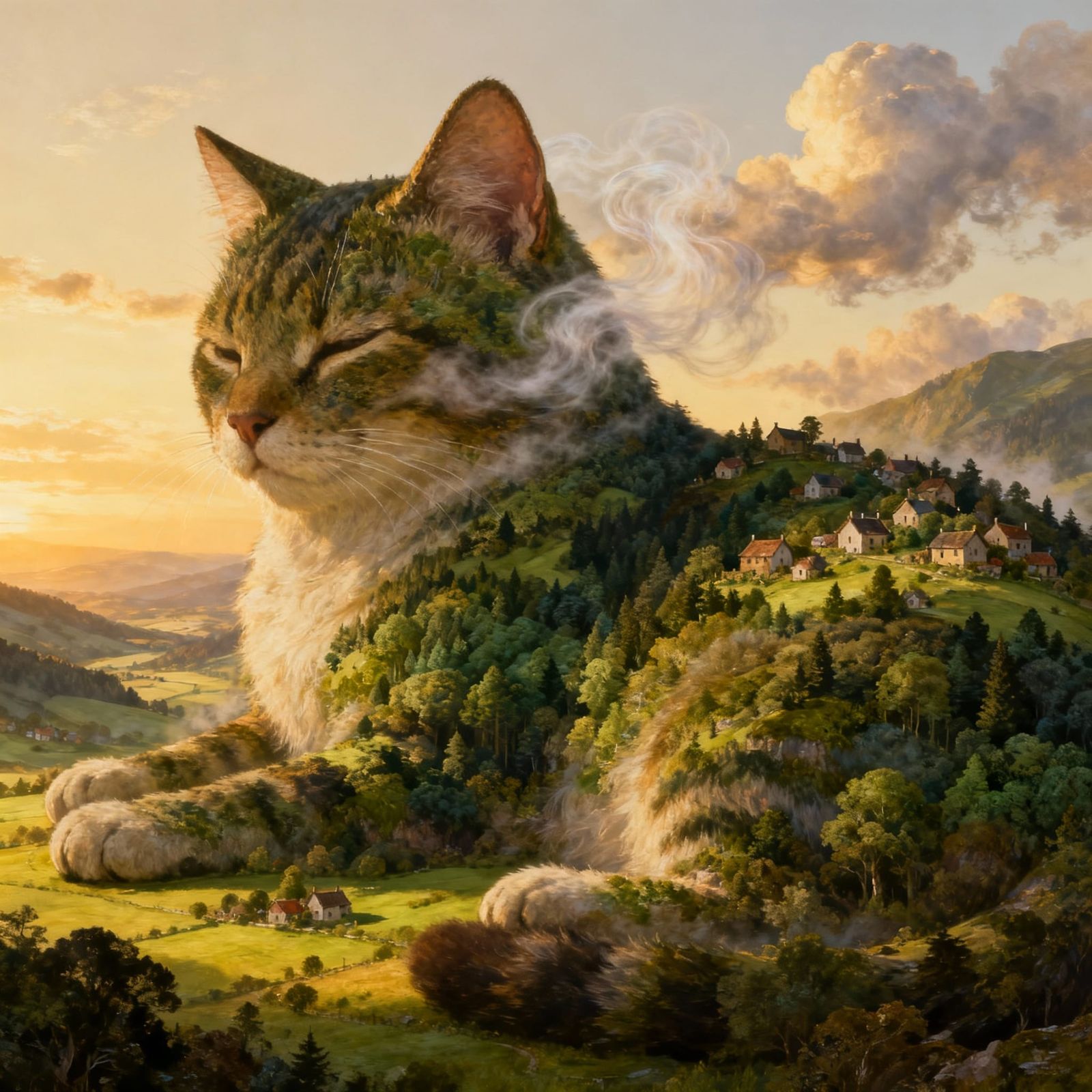 Giant Cat Valley Village in Painterly Realism Style