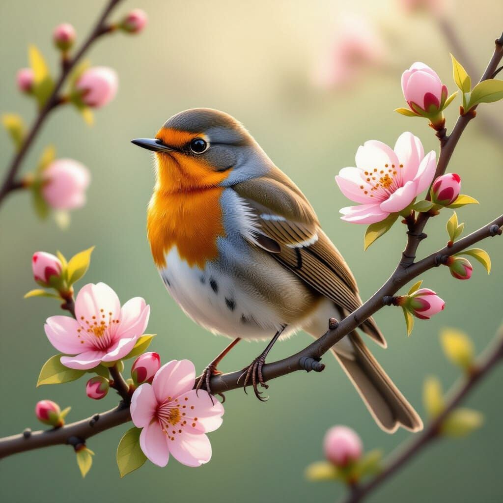 Robin on Blooming Branch in Digital Painting Style