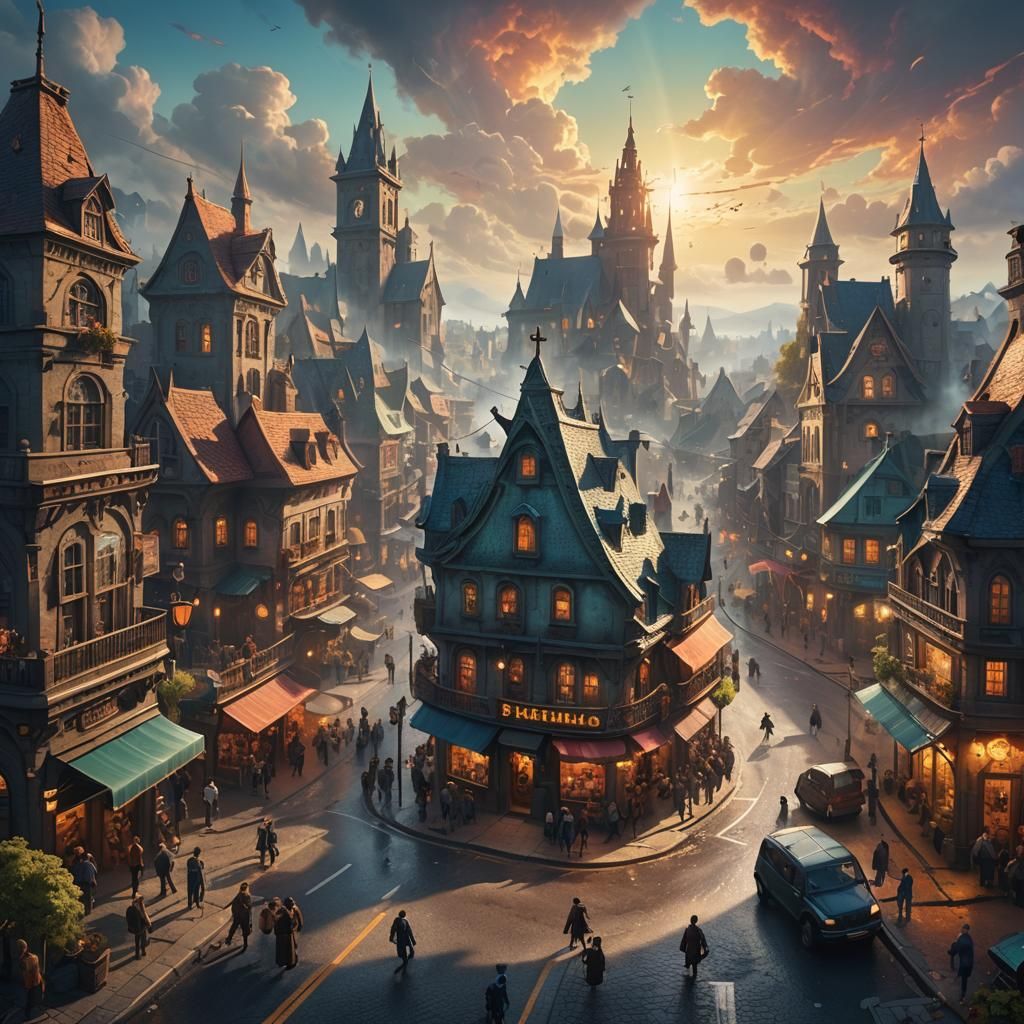 Fantasy Crossroads Junction in Detailed Matte Painting