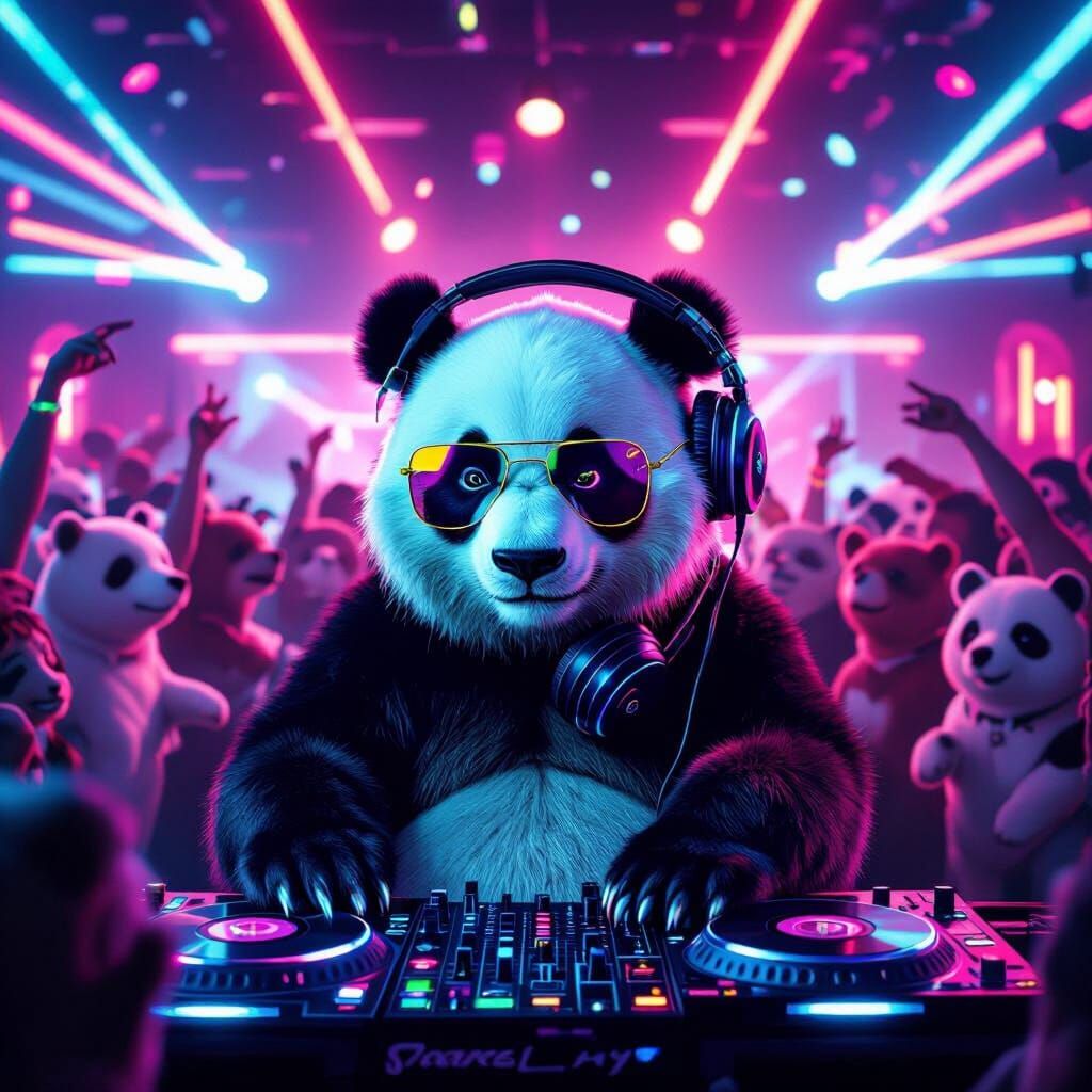 Panda Bear DJ in Neon Nightclub, Graffiti Style
