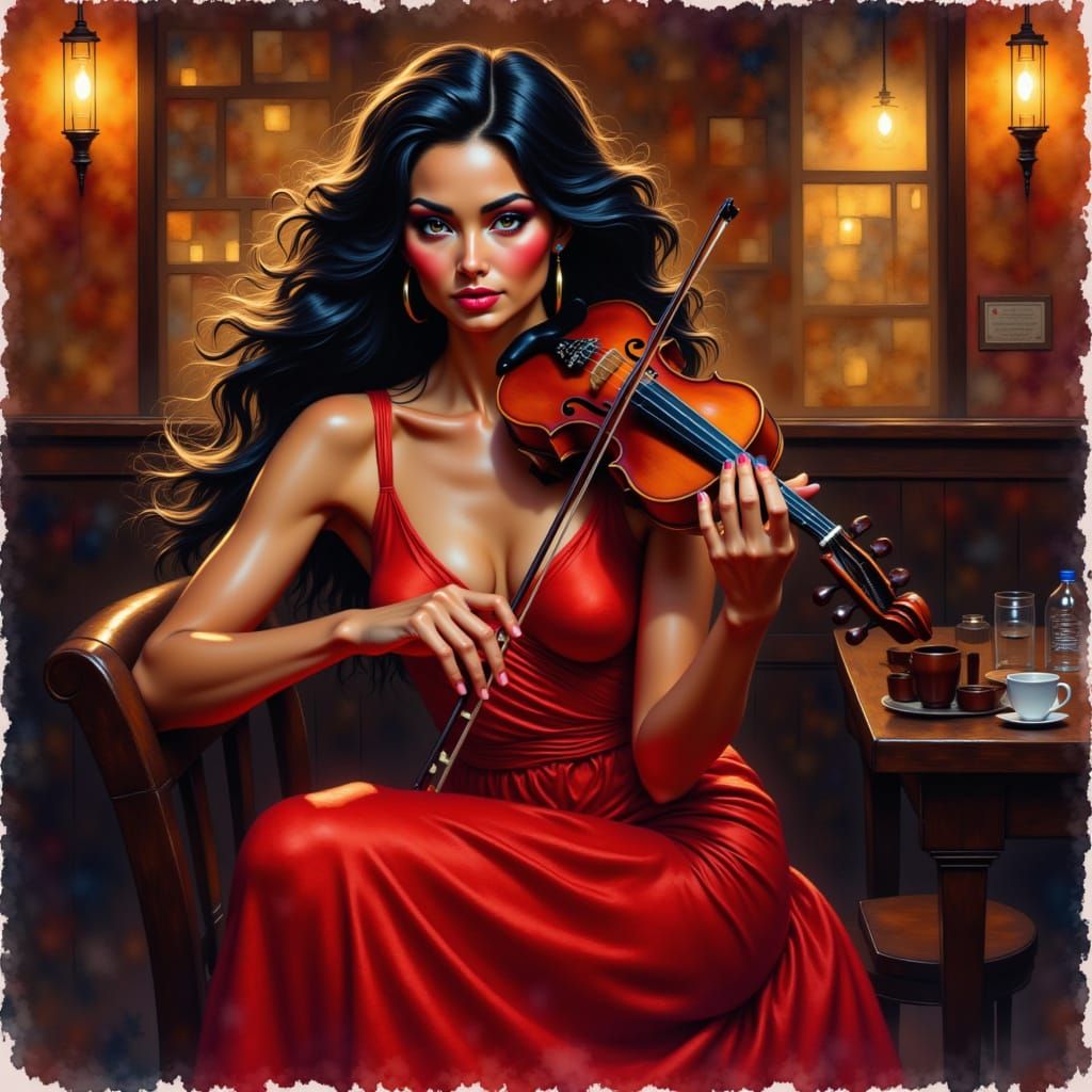 Woman in Red Dress Plays Violin in Bar as Watercolor Paintin...