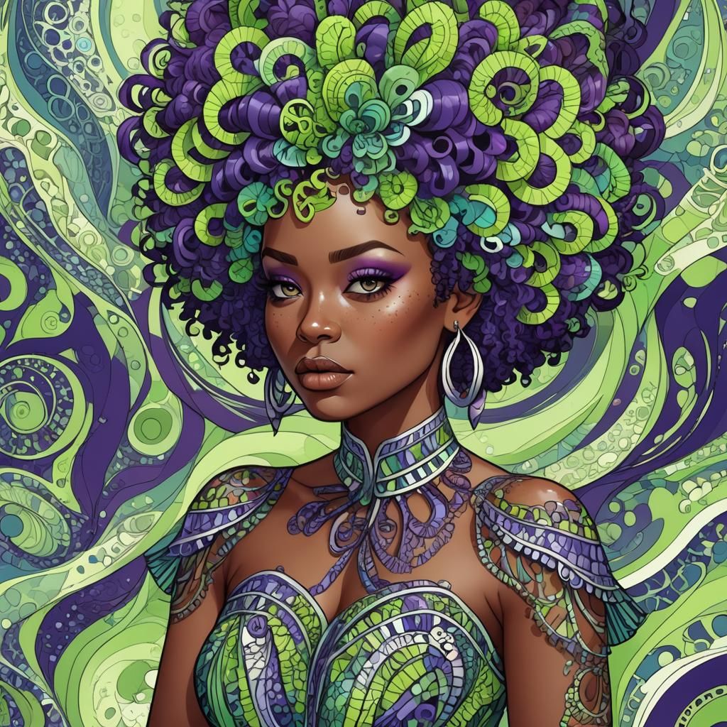 Freckled Girl with Purple Afro in Gothic Dress