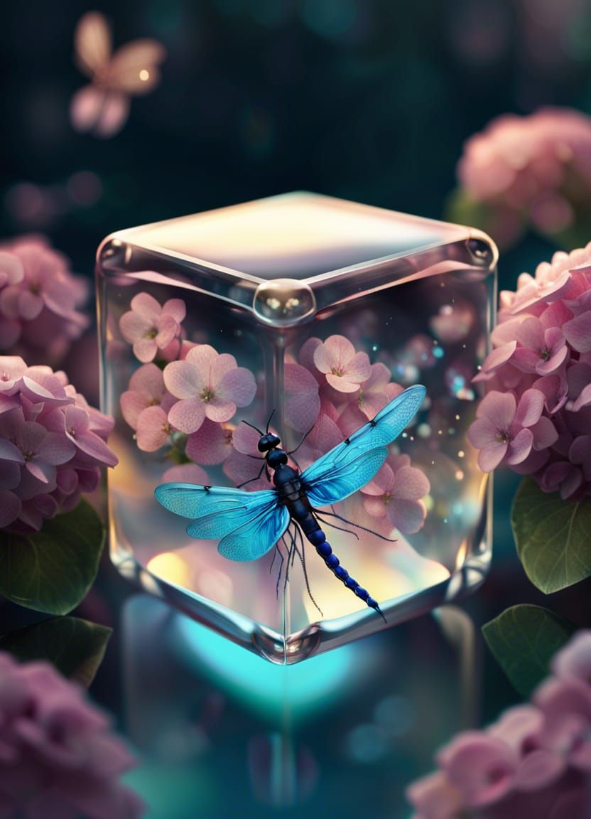 Glowing Glass Cube with Dragonfly: Photorealistic CGI Art