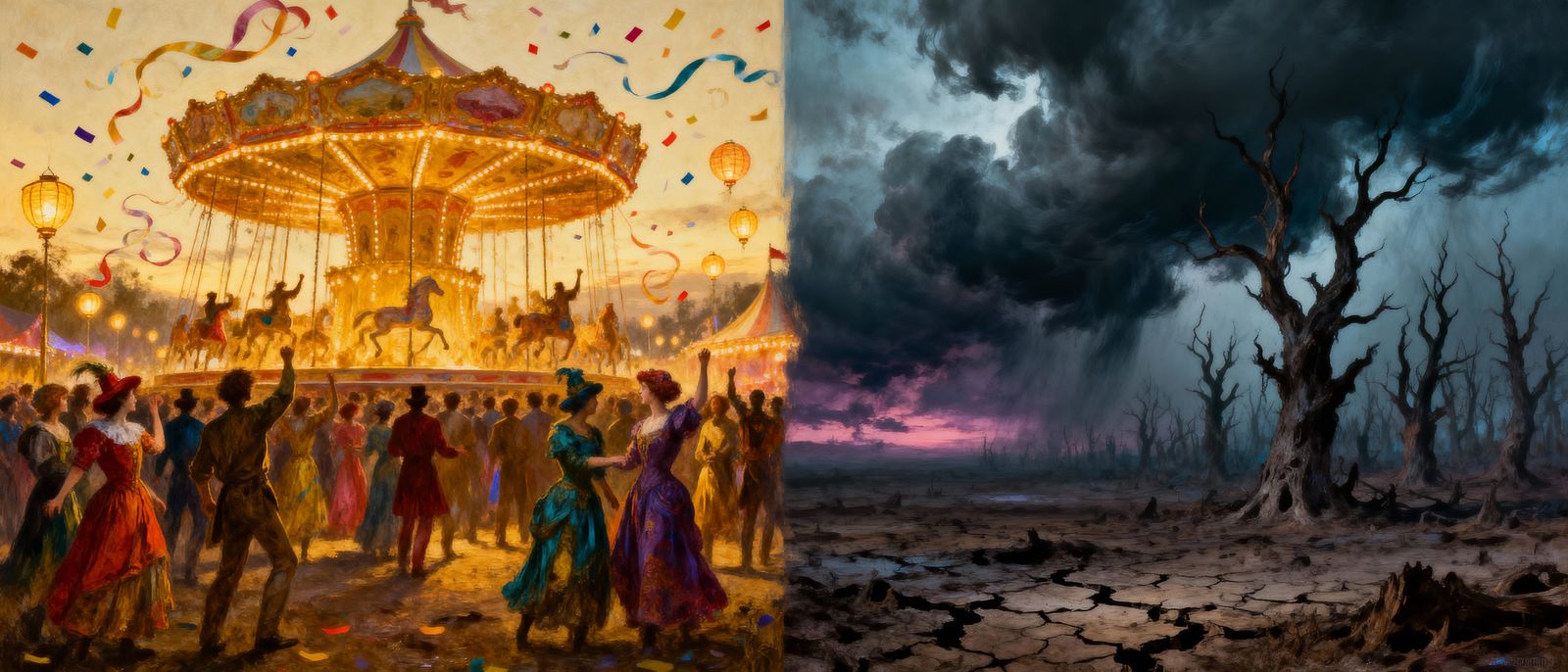 Contrasting Worlds: Joyful Carnival vs. Desolate Wasteland A...