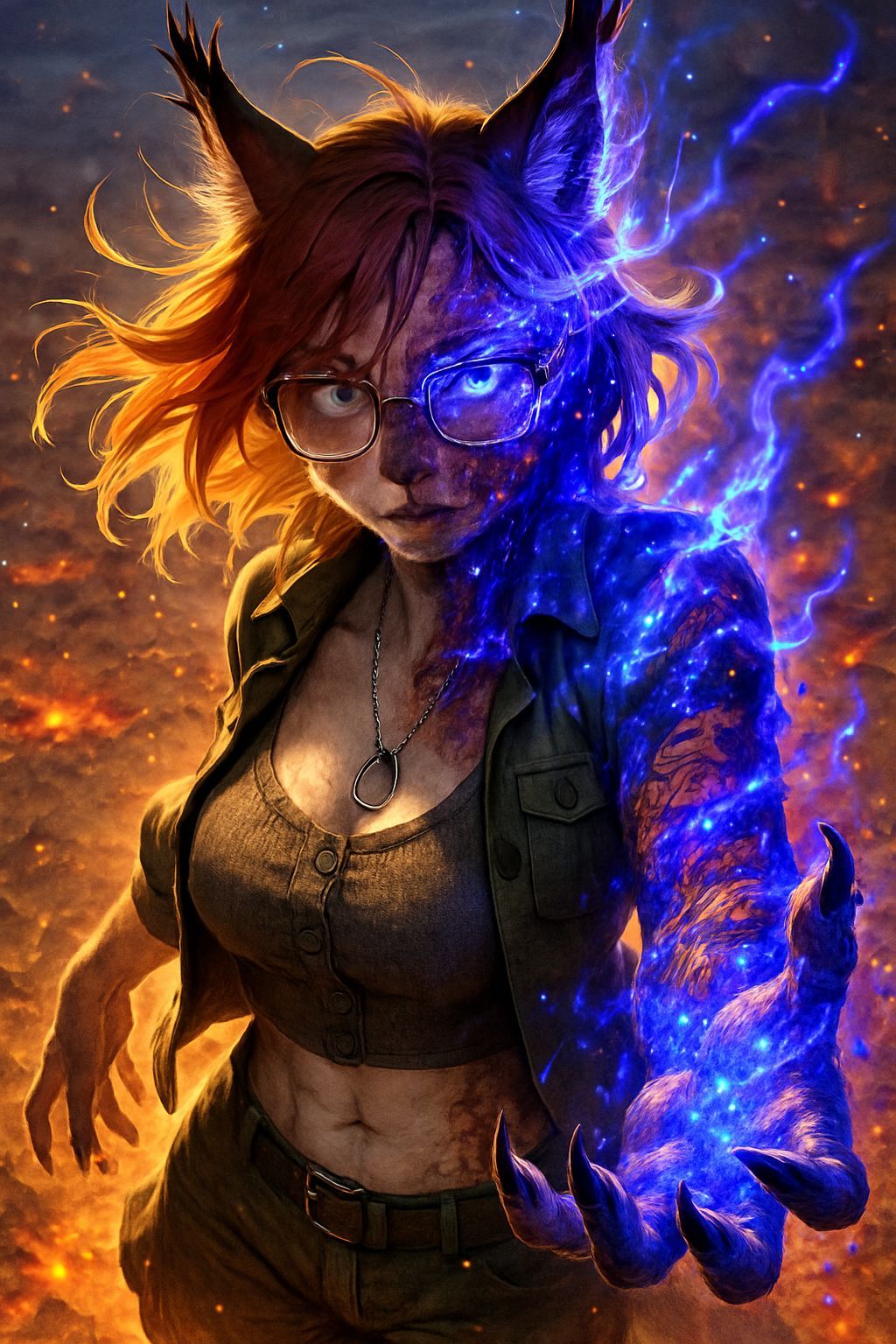 Fiery Lynx Silhouette on Battlefield, in Anime Style