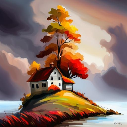 House in Forest with Impressionistic Autumn Colors