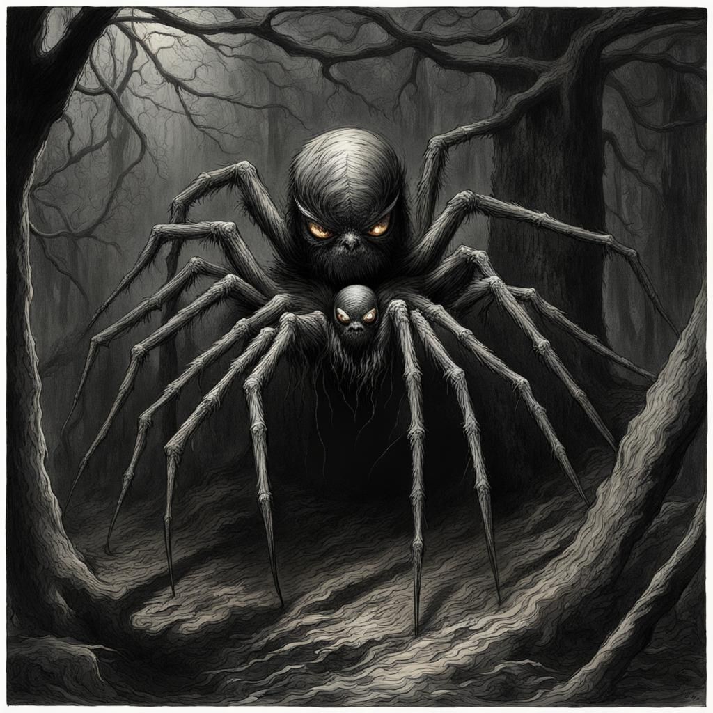 Spider Monster in Dark Forest, Horror Art