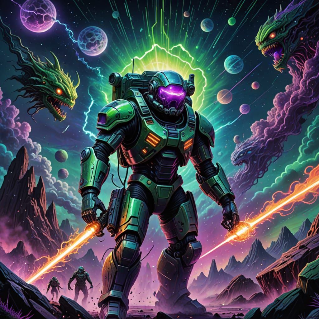 Galactic Warrior Battles Cosmic Beast in Neon-Lit Astral Lan...