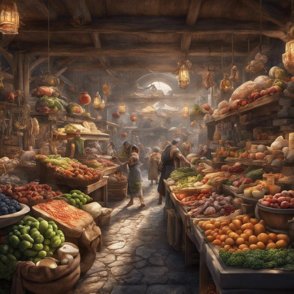 Lively Market Fresco with Fruits and Vegetables