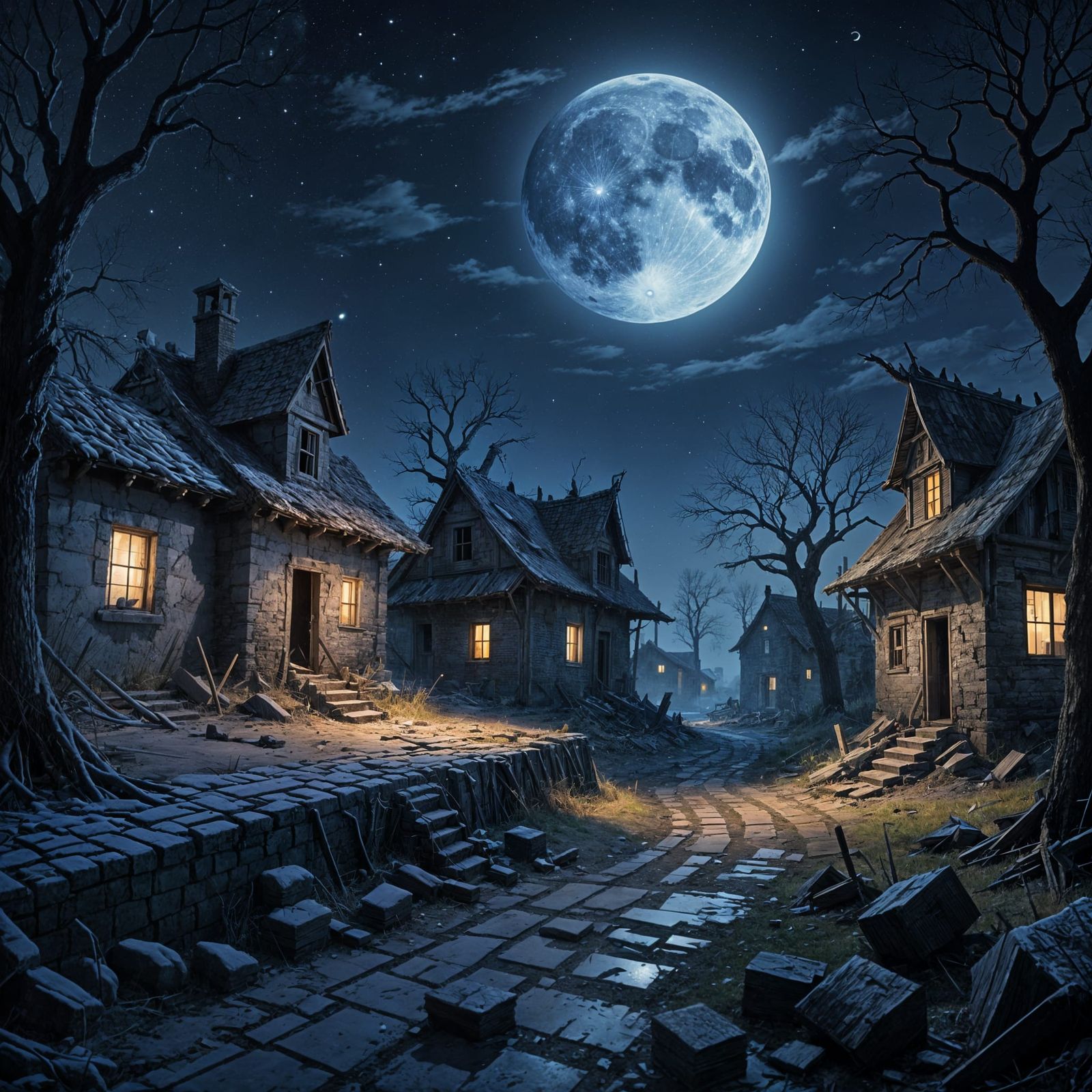 Moonlit Abandoned Village at Night