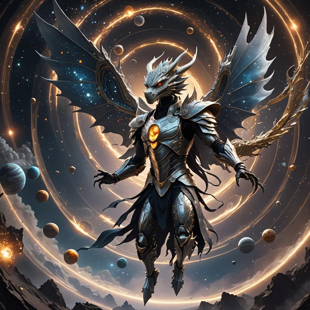 Winged Figure Soaring Through Stars in Dark Fantasy Style