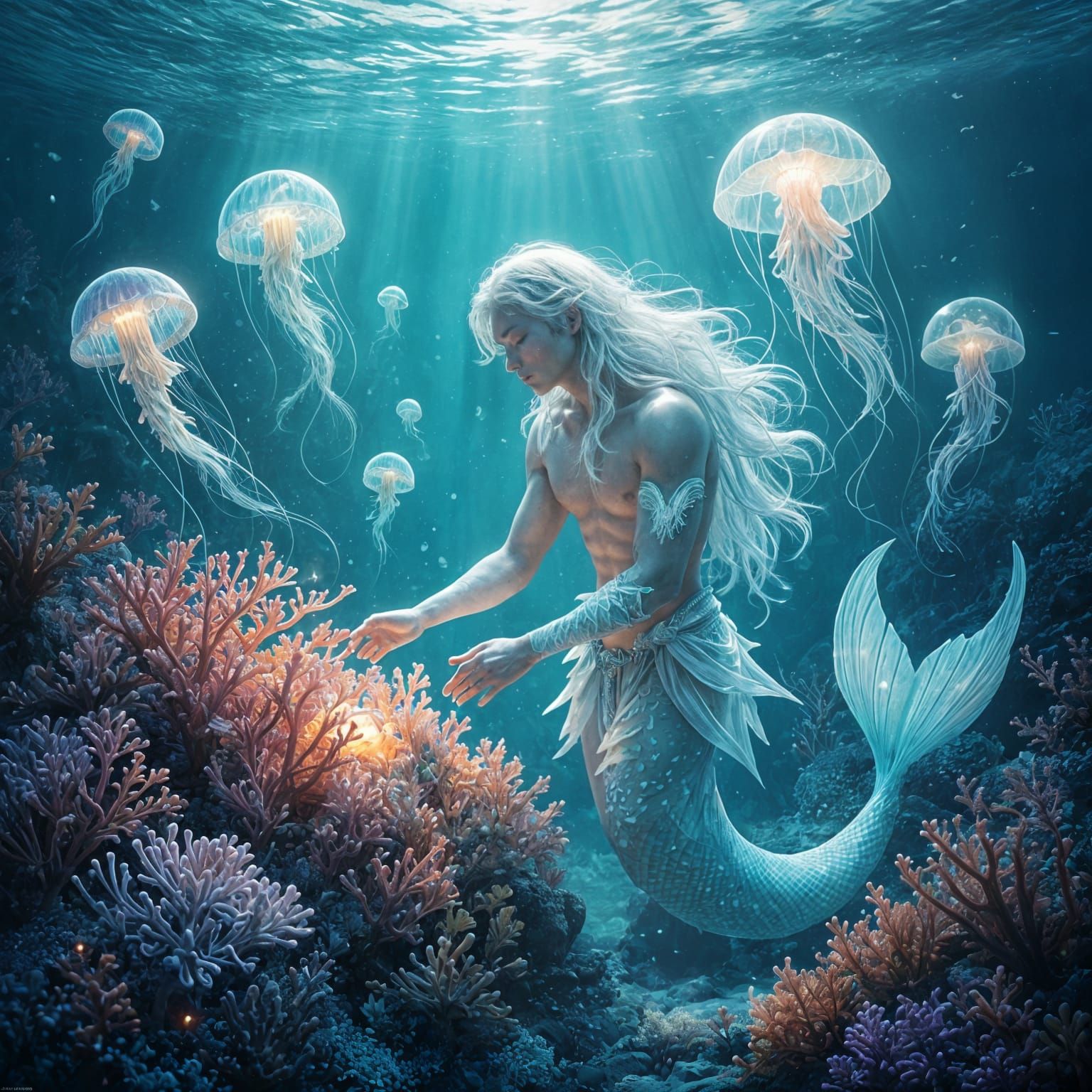 Merman K-Pop Idol Tends Glowing Coral Garden