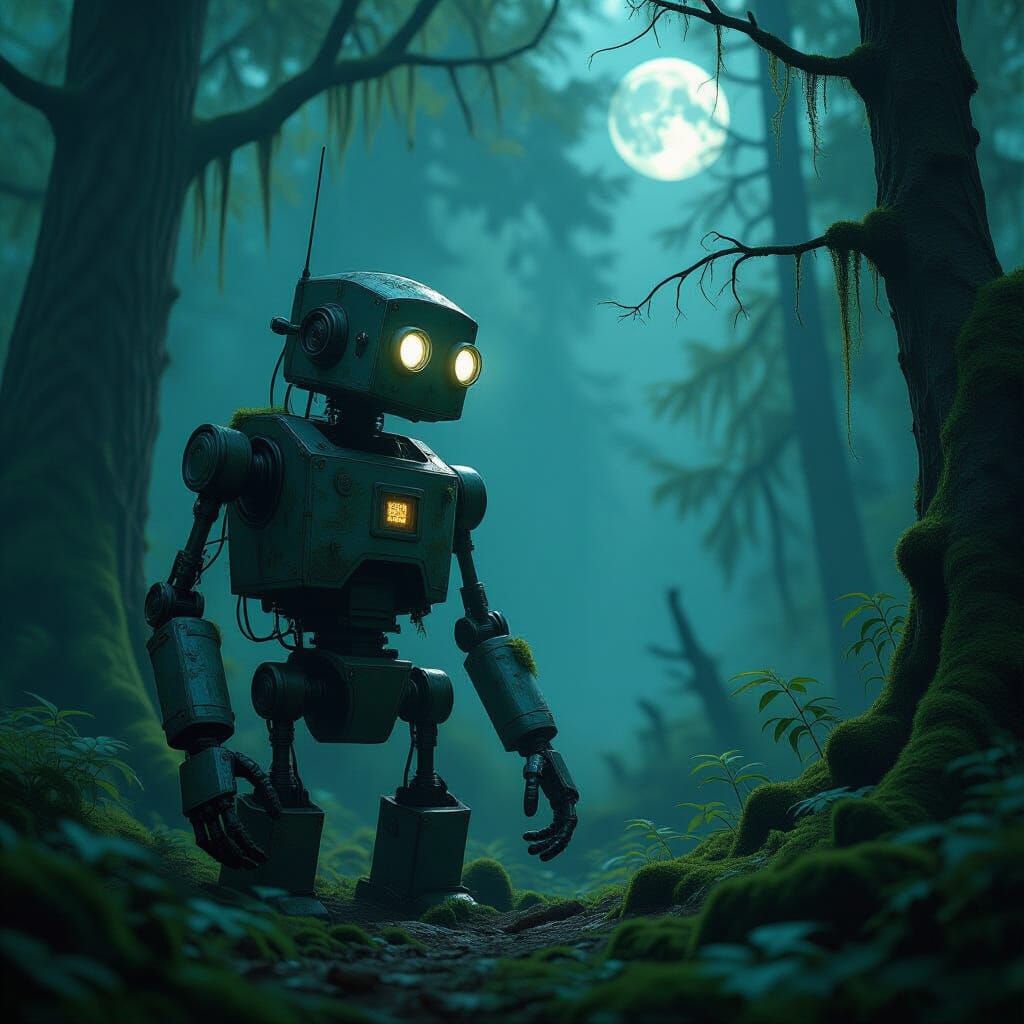 Weathered Robot in Ancient Forest Under Eerie Moonlight