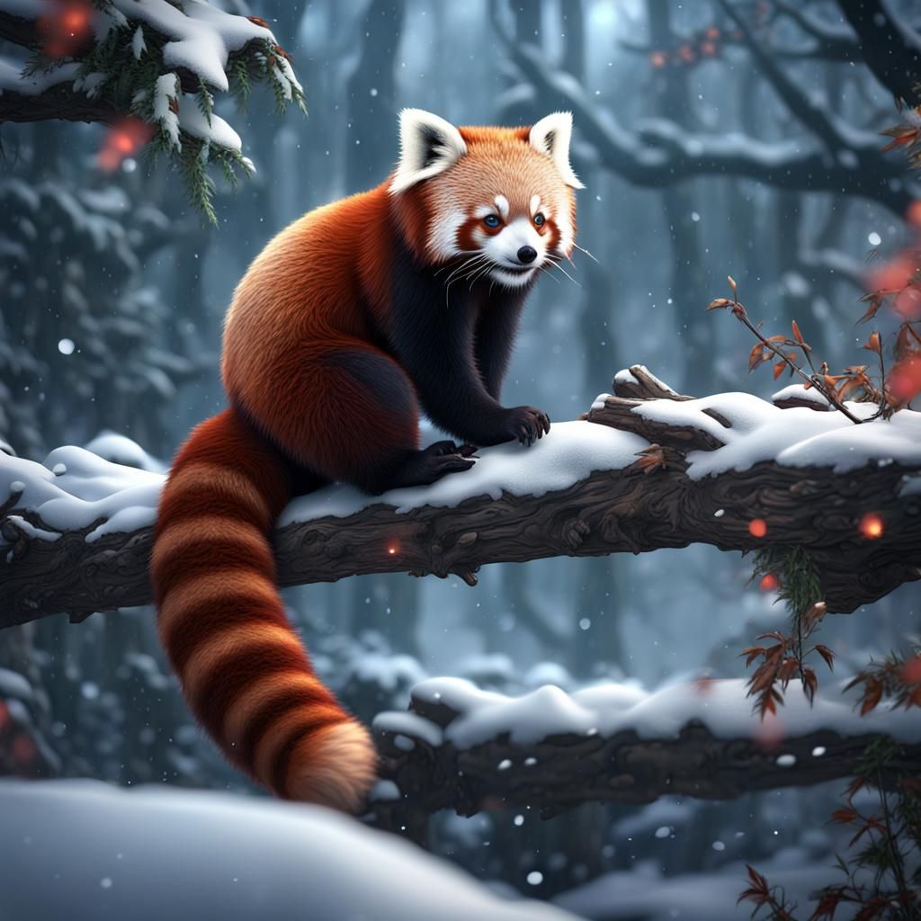 Red Panda in Snowy Forest: Detailed Matte Painting