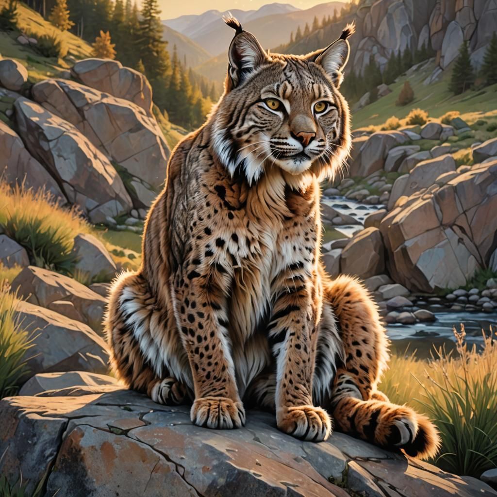 Bobcat Overlooking Mountain Meadow at Dawn