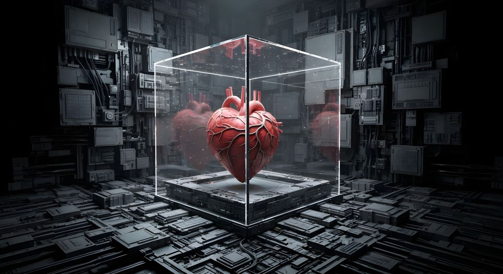 AI Love Heart in Glass Cube, Hyperrealistic Style