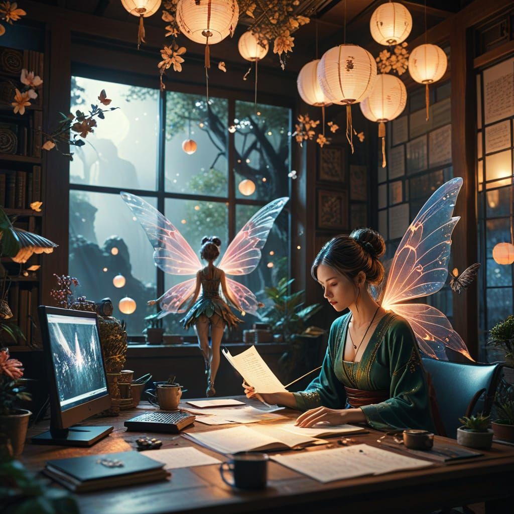 Fairies Grappling with AI in Zen Garden Office