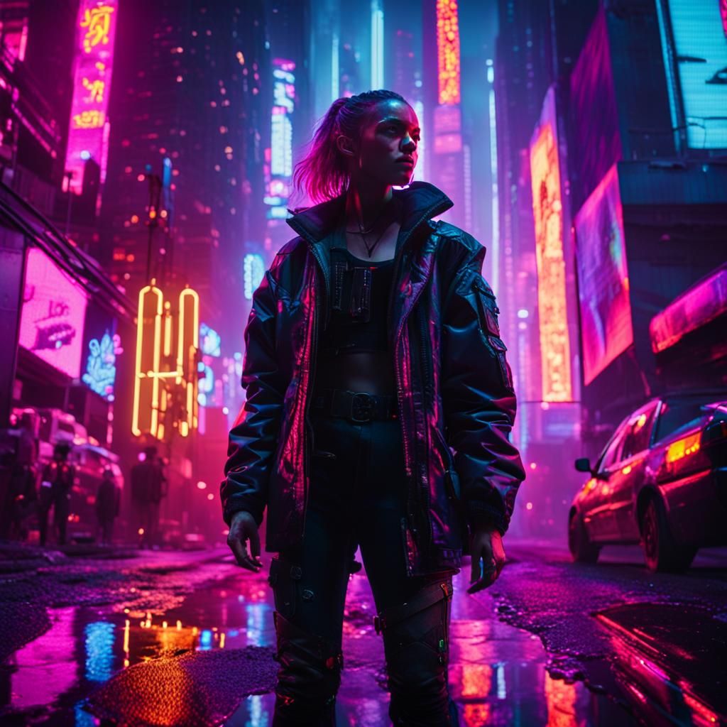 Cyberpunk Alley Film Still with Neon Reflections