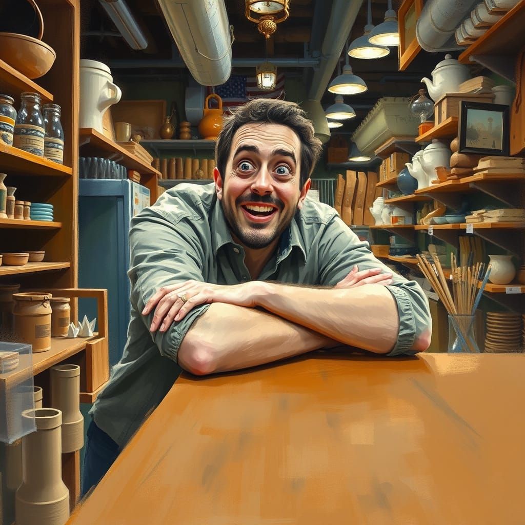 Excited Man in Crafters' District Shop: Impressionist Style