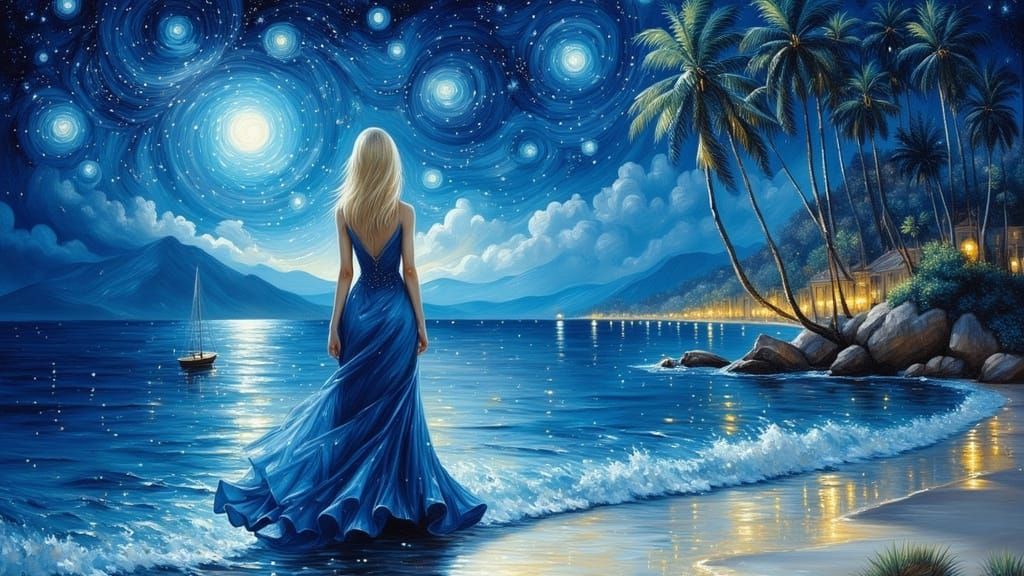 Woman in Indigo Dress on Tropical Beach at Night