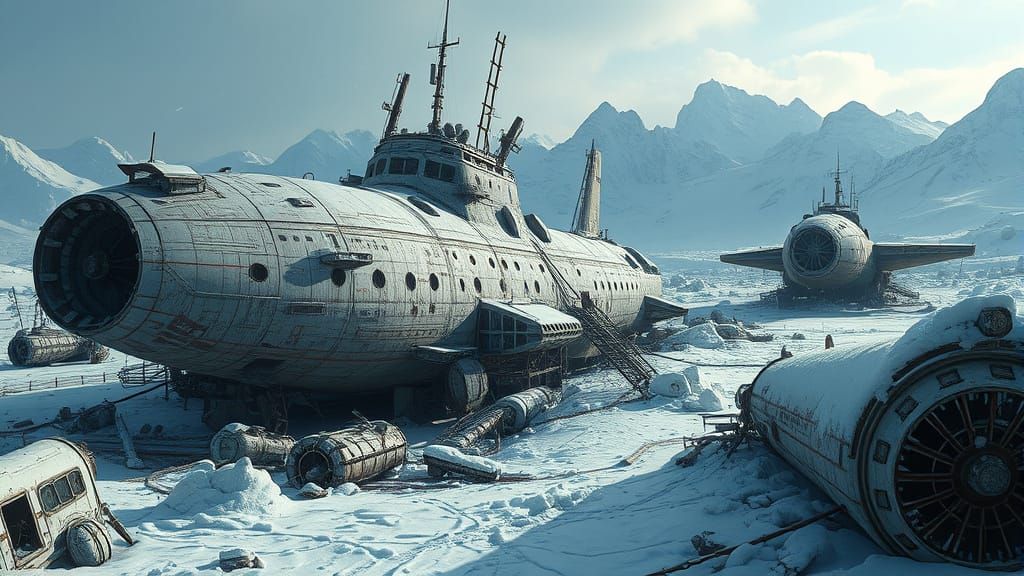 Frozen Spaceship Junkyard in Detailed Matte Painting Style