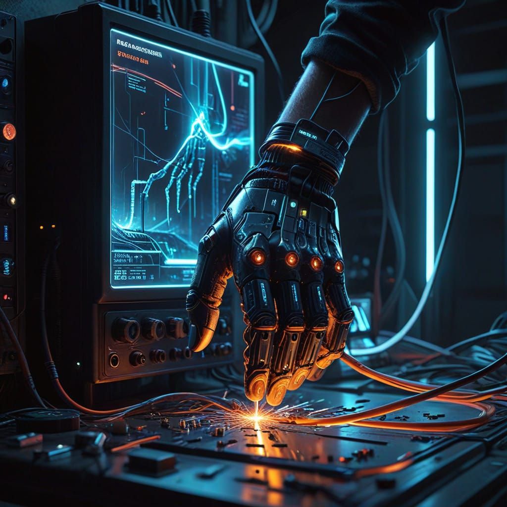 Gloved Hand Cuts through High-Tech Connection in Futuristic...